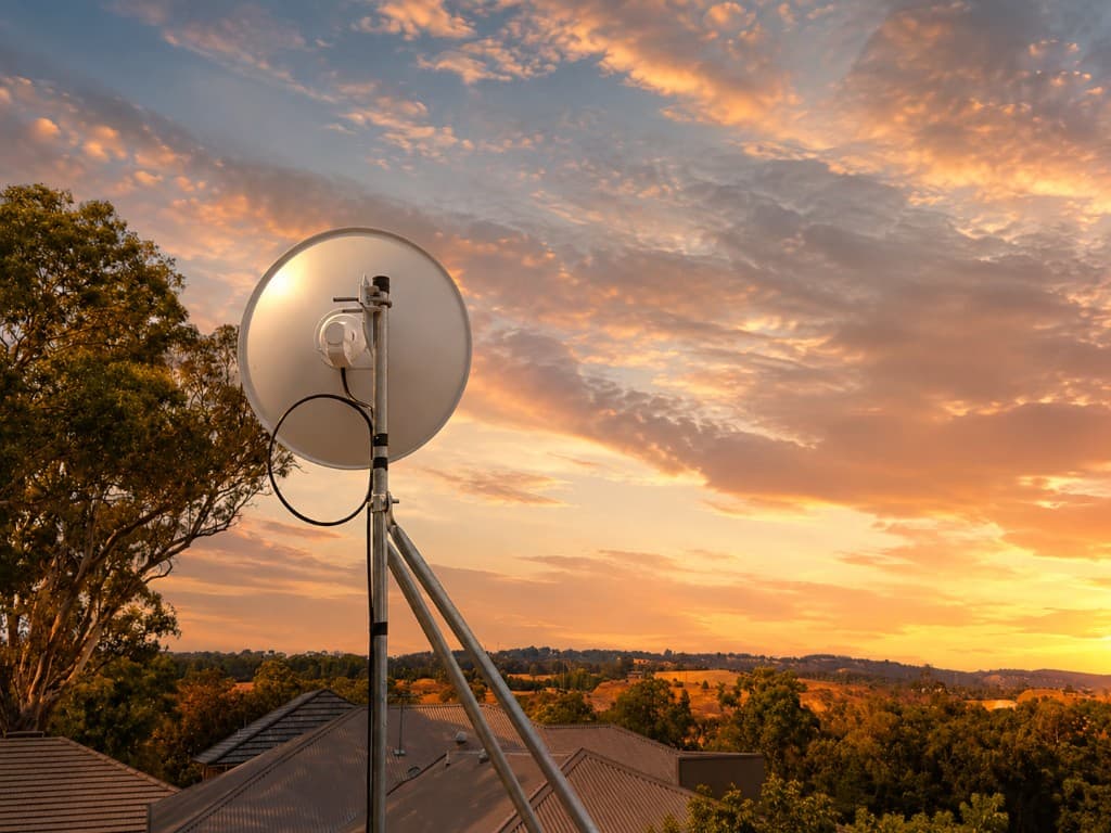 Antena parabólica instalada en azotea residencial al atardecer
