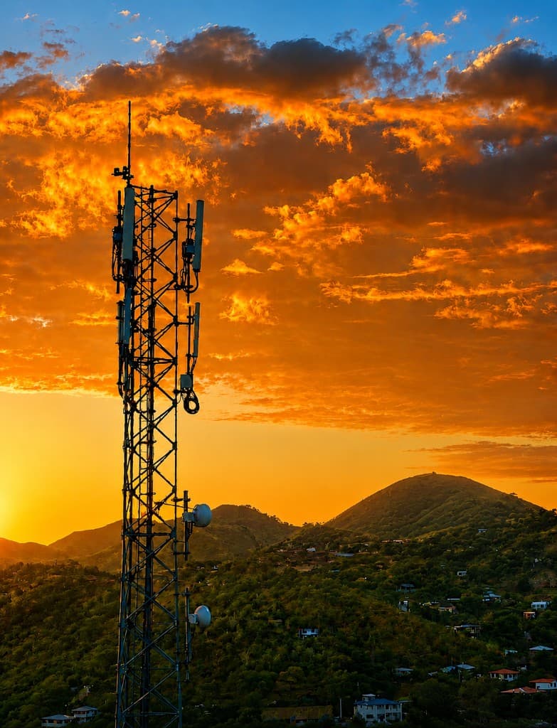 Torre de telecomunicaciones al atardecer sobre colinas verdes